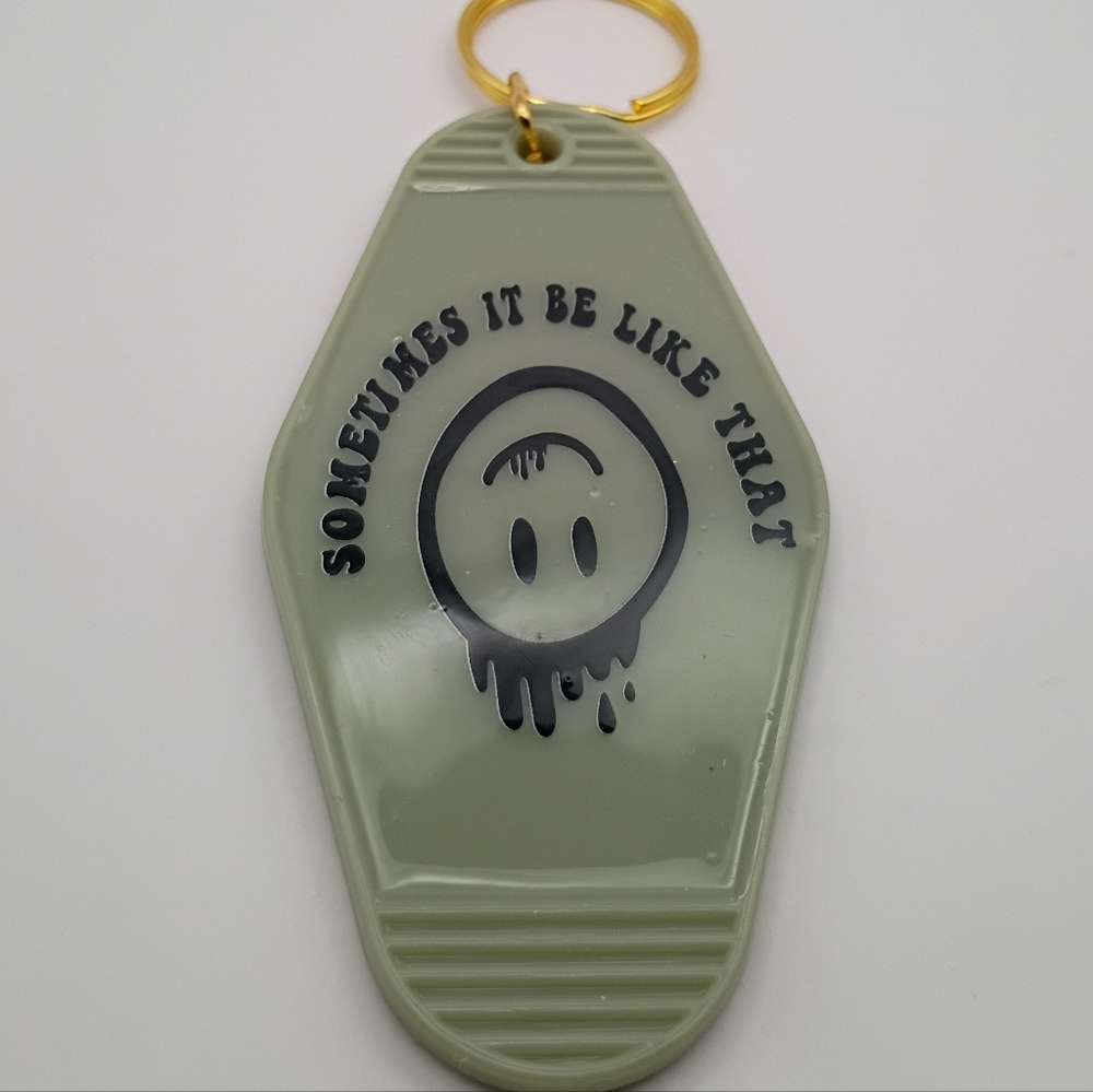 Retro Sage Green Motel Keychain Sometimes It Be Like That Melting Smiley Face